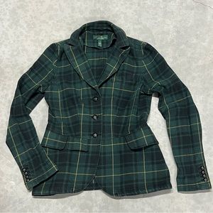 RALPH LAUREN Women Cotton Twill Blackwatch Tartan Plaid Peplum Blazer Jacket S